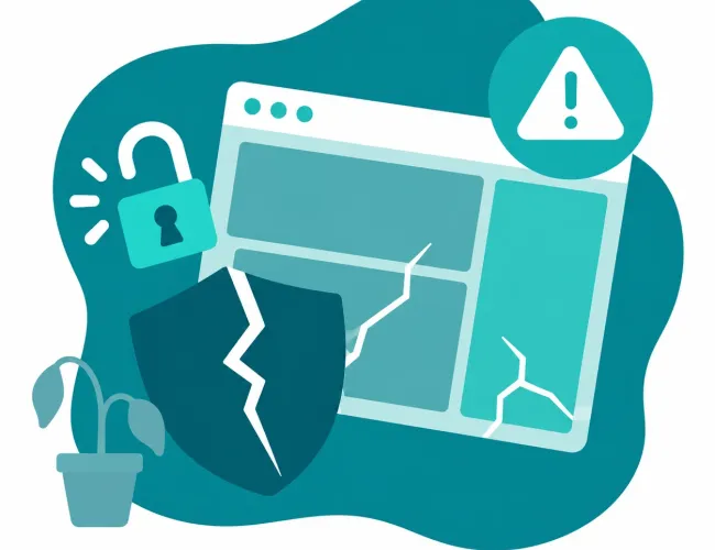 Kantelende websiteblokken met gebarsten schild en open slot